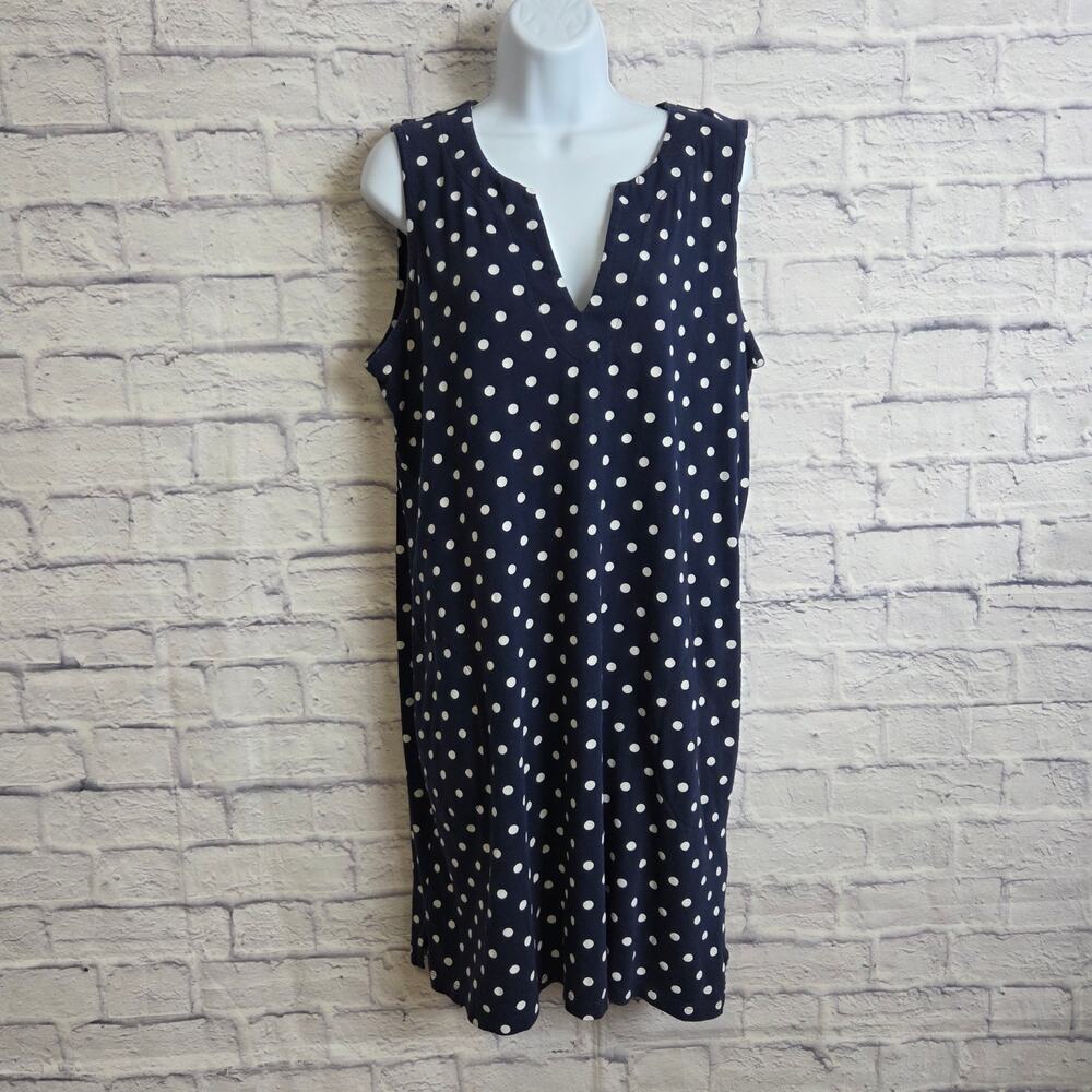 Lands' End Large 14-16 Sleeveless Dress Navy Polka Dot V-Notch Neckline Pockets